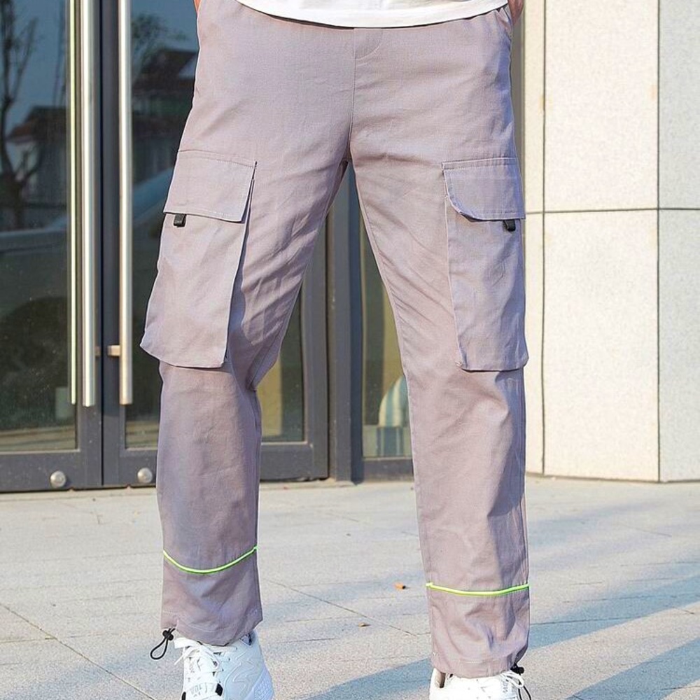Men Flap Pocket Contrast Piping Drawstring Hem Pants